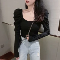 long sleeve t shirt bottoming shirt women tshirt new autumn black slim fit bubble sleeve solid color top t womens fashion vogue