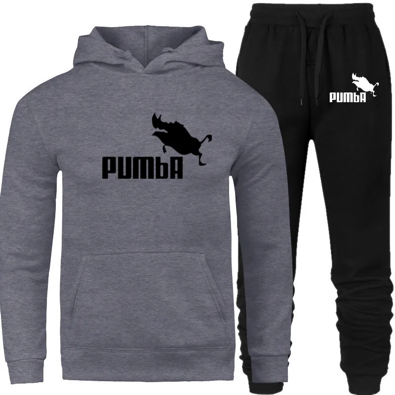 PUMBA, новая мода, мужские толстовки, костюмы, брендовый спортивный костюм для мужчин/женщин, толстовки+ спортивные штаны, Осень-зима, флисовый пуловер с капюшоном - Цвет: Dark grey