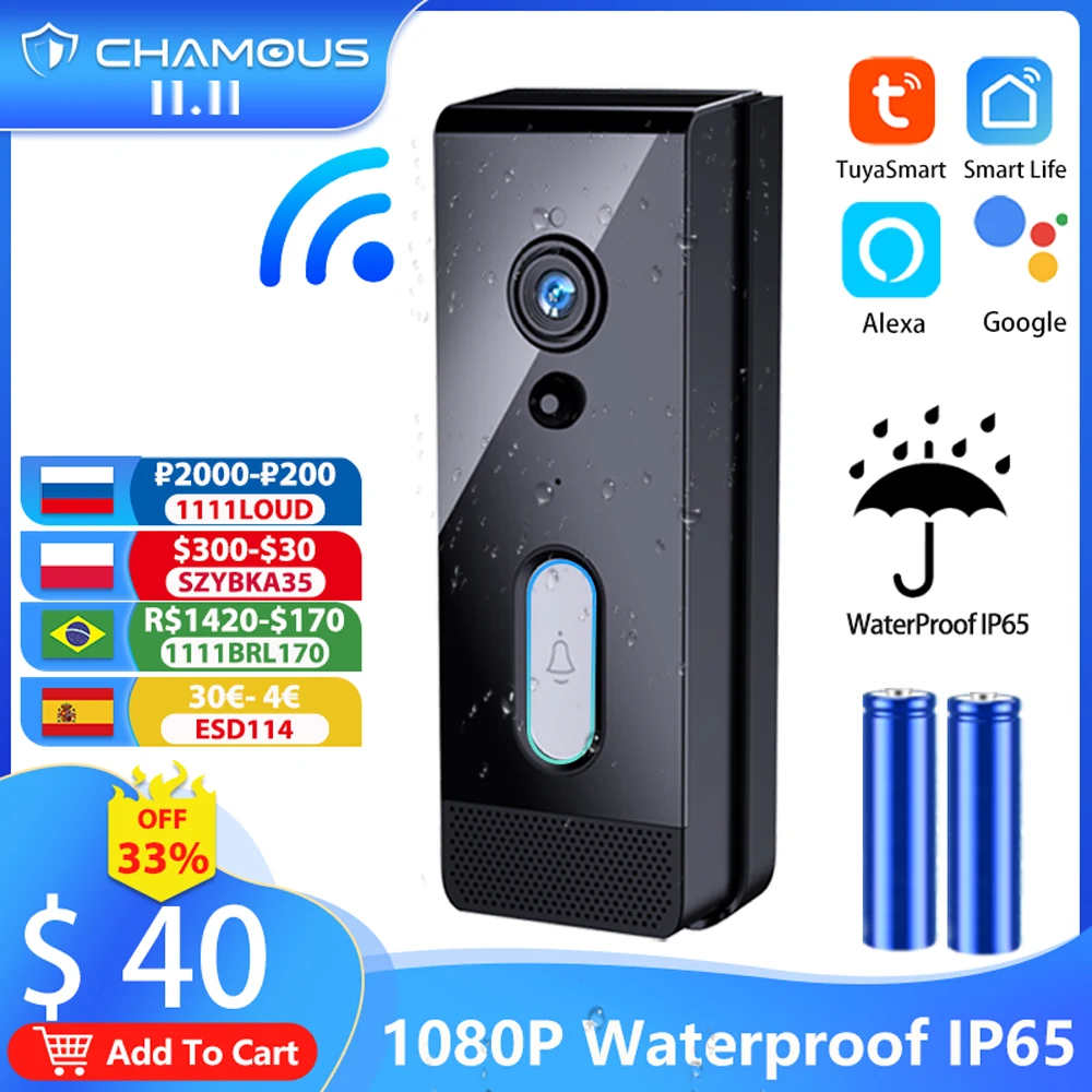 

Tuya Video Doorbell Wireless Outdoor Camera Waterproof IP65 WiFi Door Bell Video Surveillance Battery Smart Home Google Alexa