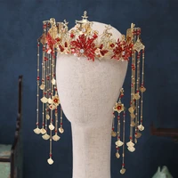 chinese style red phoenix crown bridal hair decoration wedding tiara hair jewelry