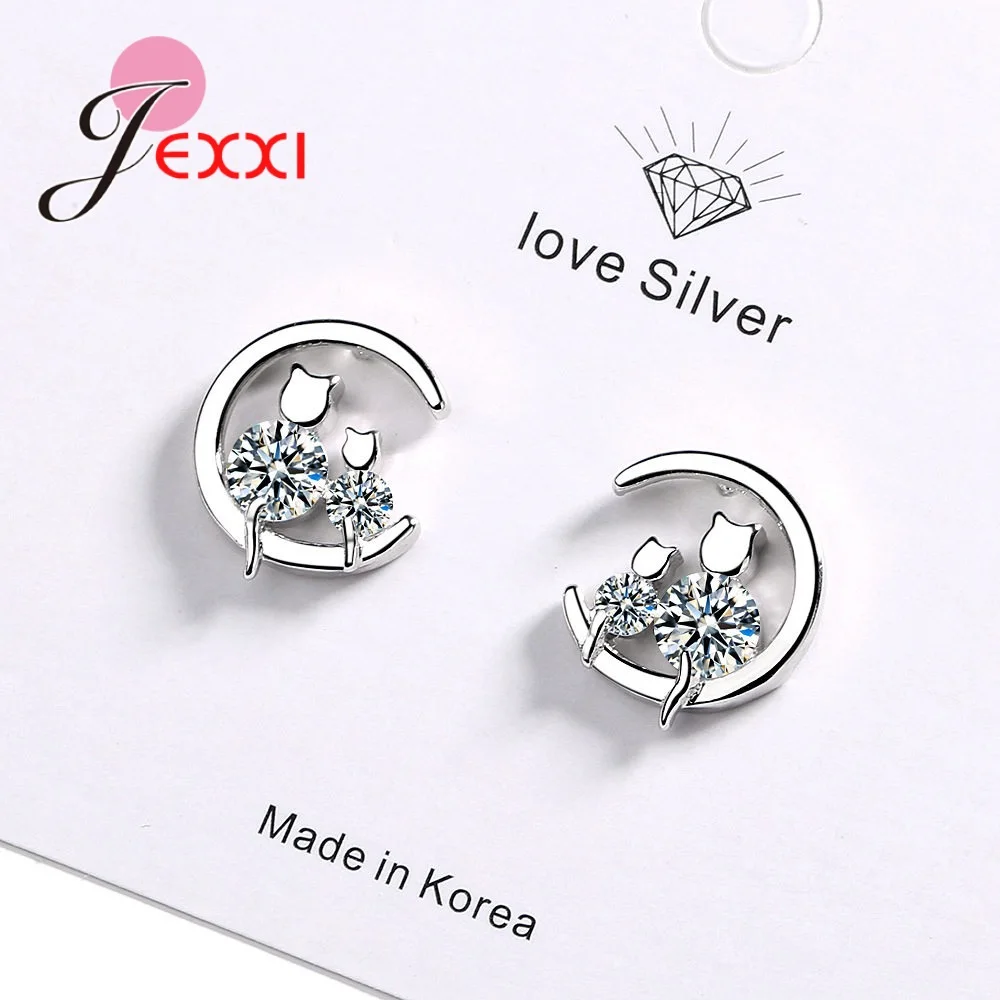 

Fashion Cute Cat Animal Korean 925 Sterling Silver Piercing Stud Earrings For Women Cubic Zirconia Moon Christmas Jewelry Gift