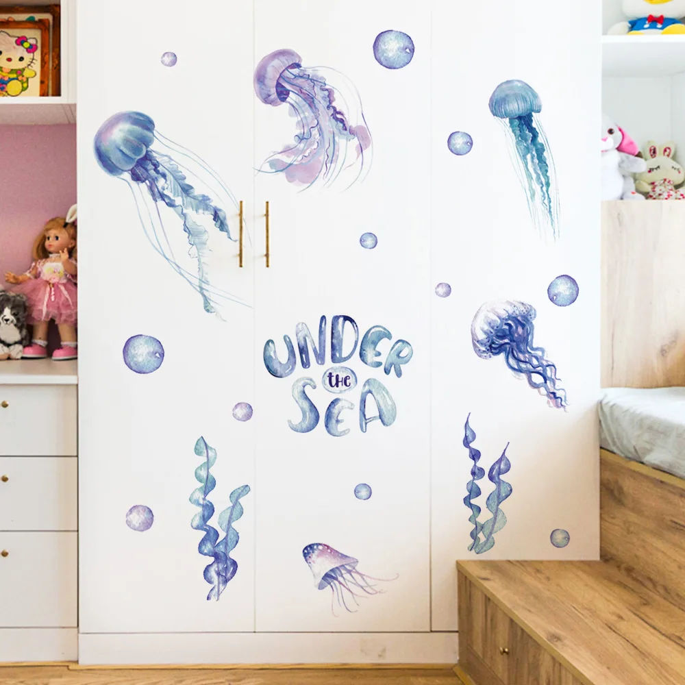 Горячая продажа синие медузы наклейки на стену детские для спальни Съемные ПВХ