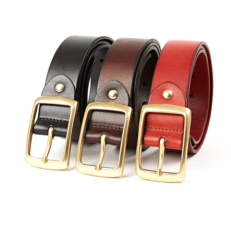 Men's Top-Grain Leather Dress Casual Black Brown  Belts For Men  Waist Genuine Leather Belts with Solid Brass Gold Buckle