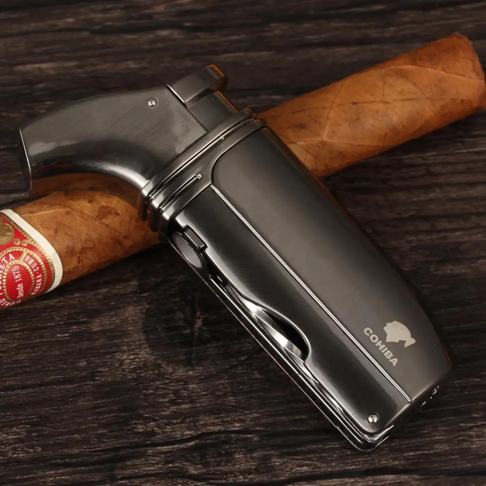 COHIBA инструмент для курения Металл бутан газ зажигалка для сигар 2 фонарь пламя Windprood зажигалки для сигарет со встроенной иглой для сигар