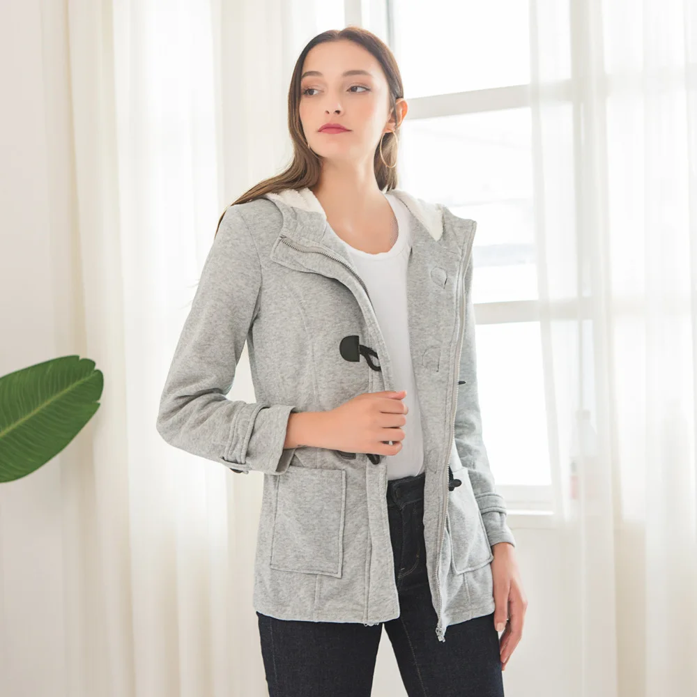 Women's Middle and Long Hooded Blended Cowhide Button Winter Coat Solid Color Woman Jacket