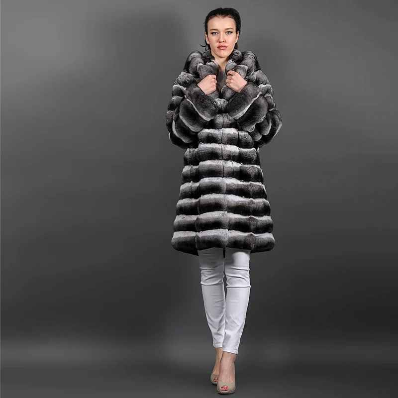 FURSARCAR 2021 Hot Sale Natural Rex Rabbit Fur Coat Elegant Female Real Fur Coat Thick Warm Winter  Long Wrap Clothes With Hat