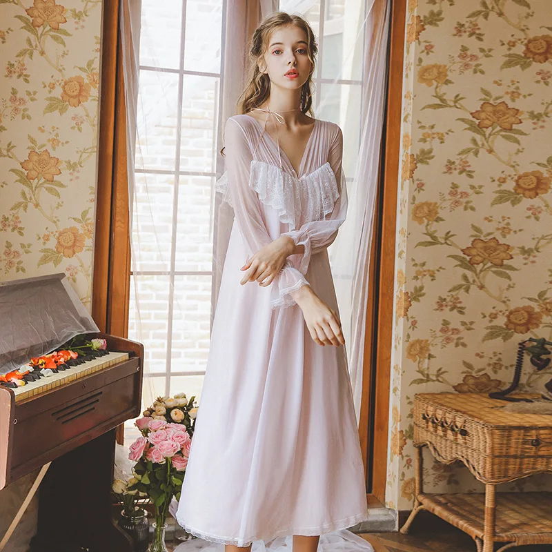 Женская кружевная ночная рубашка в стиле ретро с длинным рукавом и двойным V