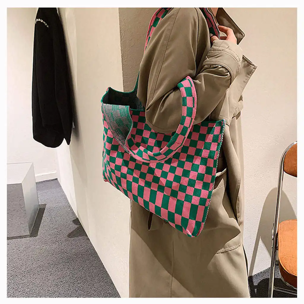 Tote Soft Simple Shopping Bag Large Capacity Casual Chic Checkerboard Women Knitted Shoulder Bag Handbag Books Bag