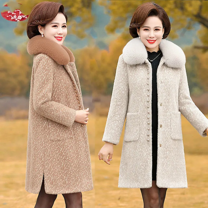 

2021 Women Winter Middle Aged Faux Mink Cashmere Mid-Length Jacket Female Loose Plus Size Cardigan Lady Thick Warm knit Coat B64