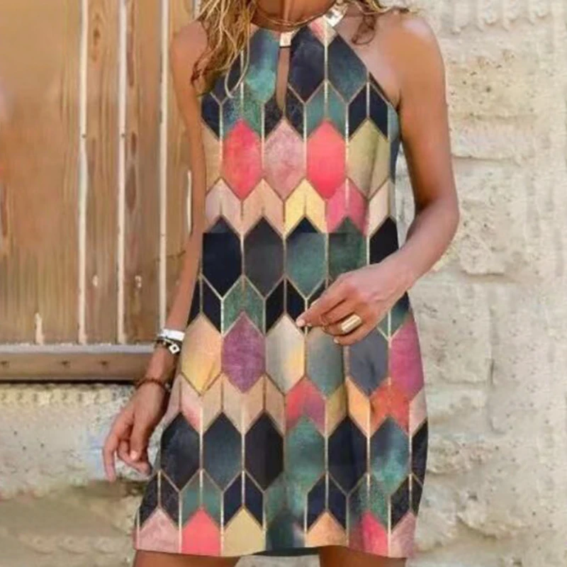 

Elegant Strapless Dresses Women's Harajuku Printed Summer Casual Sundress Metal Hanging Neck Mini Dress