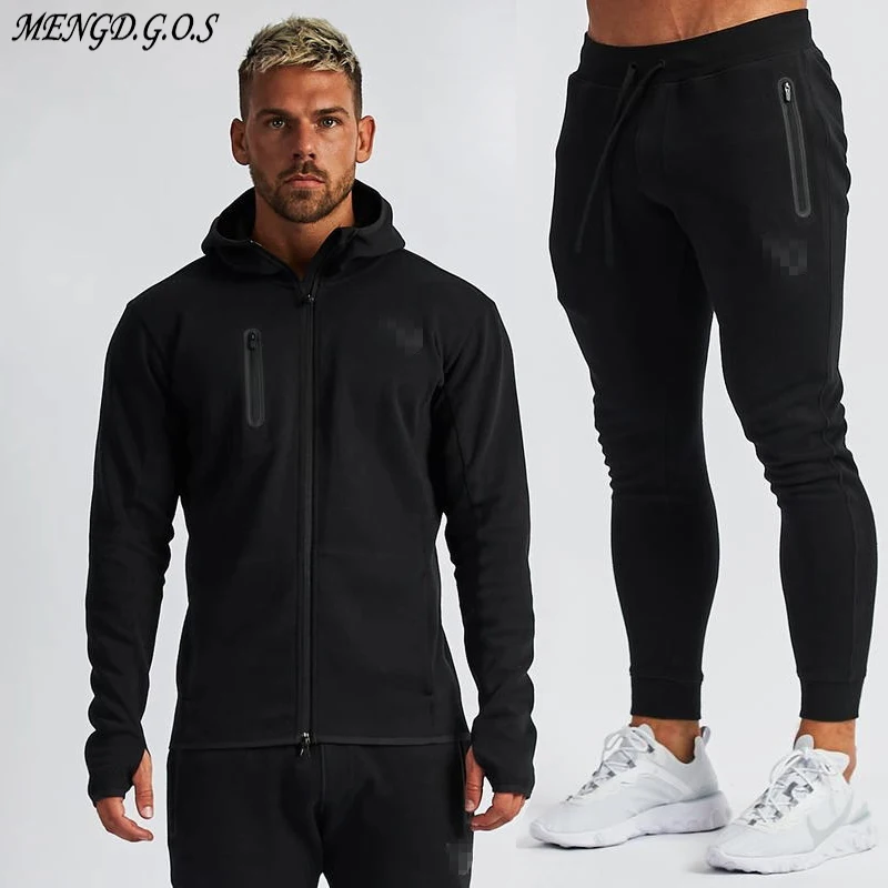 

Streetwear men's suit autumn new fashion men's sportswear fitness cotton hooded zipper men's suit plus lace casual trousers