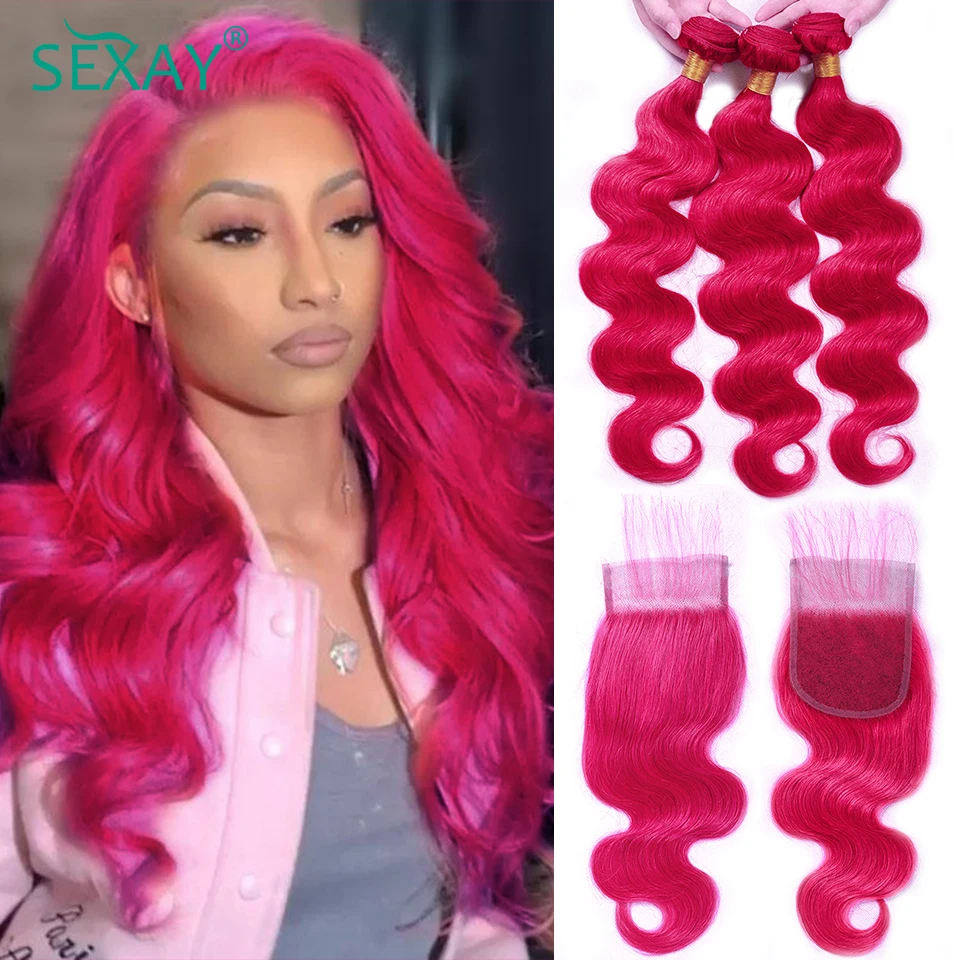 Sexay Pink Human Hair 3 Bundles With Closure Baby Hair 28 Inch Brazilian Body Wave Pre Plucked Lace Closures With Hair Bundles