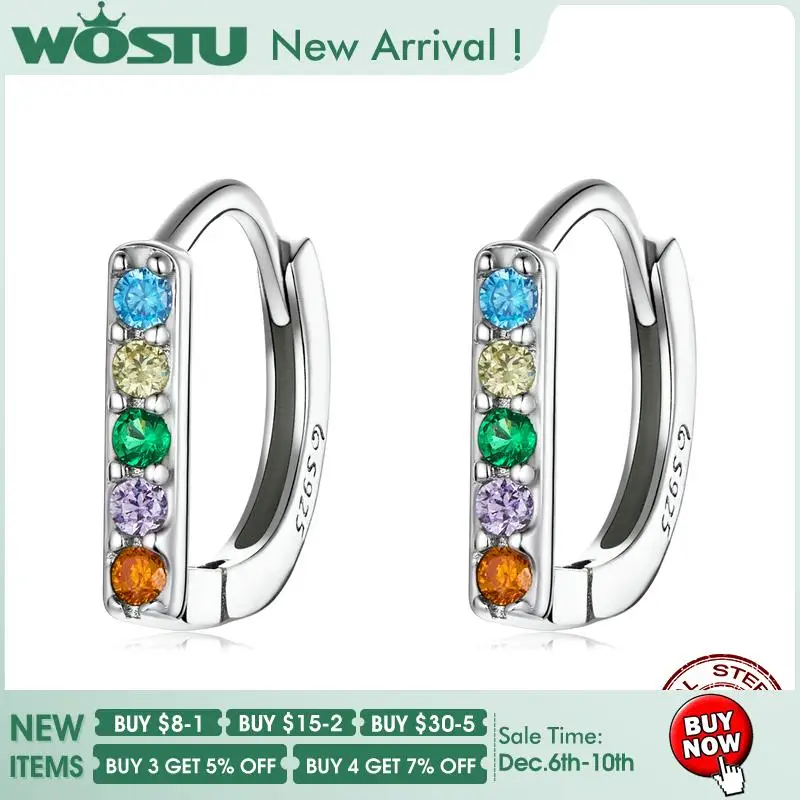 

WOSTU 925 Sterling Silver European Simple Style Rainbow Zircon Women Stud Hoop Earrings Ear Buckles New Year Jewelry Gift FNE576