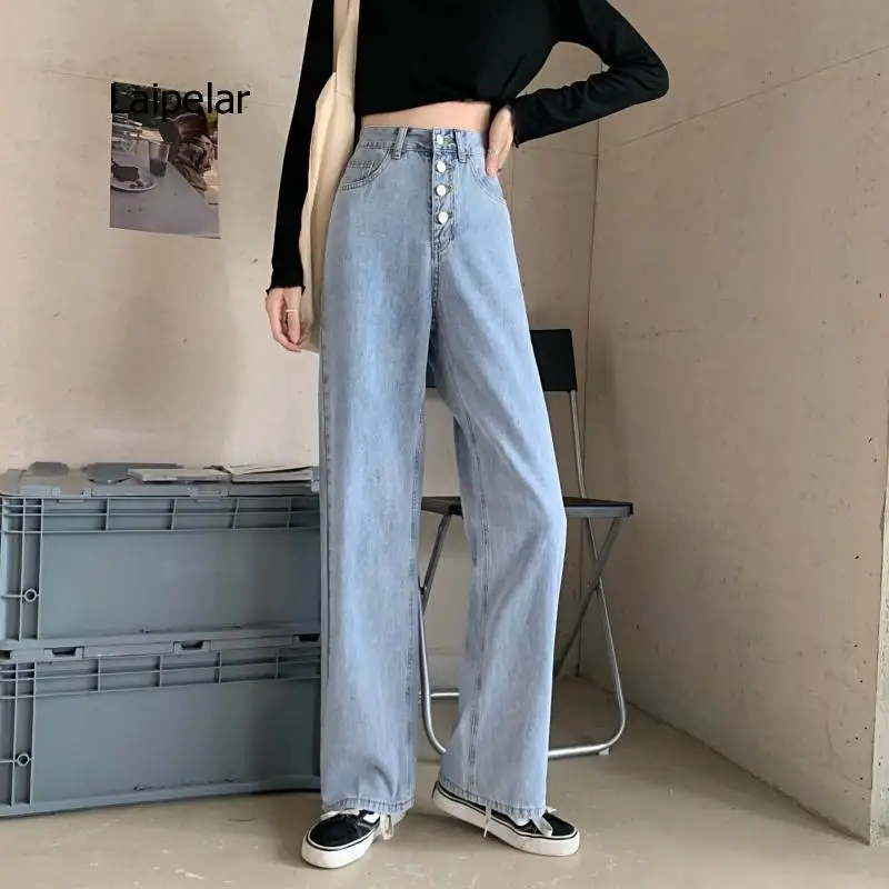 

2021 Spring and Autumn New Retro Style High Waist Solid Color Wide Leg Jeans Women Street Solid Color Slim Straight Jeans Ladies