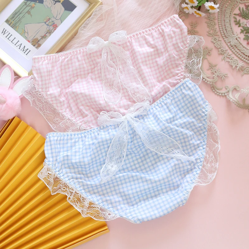 

Small Fresh Blue Pink Plaid Summer Thin No-rims Bra Set Japanaese Style Sweet Kawaii Lace Bow Underwear Suit Teen Girl Student