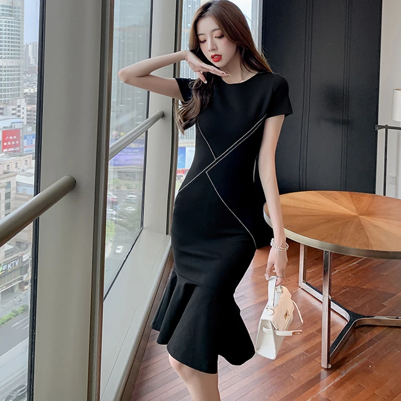 

Женское винтажное платье миди, черное облегающее платье в стиле Хепберн, Элегантное повседневное и офисное платье в Корейском стиле, для кл...