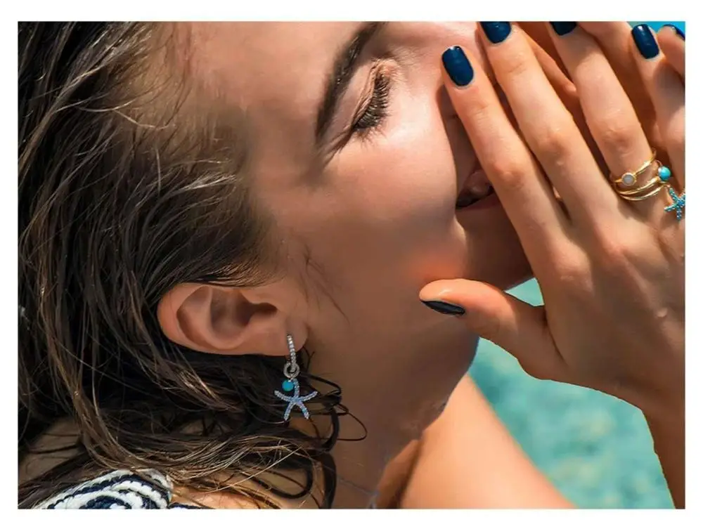 Новый 925 стерлингового серебра Симпатичные Морская звезда сережки ввиде CZ сине