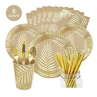 high quality stamping gold disposable tableware hawaii palm leaf plate napkin cup gold happy birthday party decor adult wedding