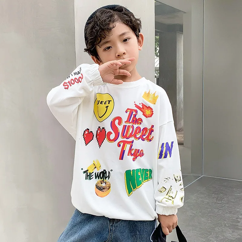 

Boys O-neck Pullover Blouse Cotton Sweater Fashion Cartoon Print Girls Casual Wear Fashion Children's Sweatshirt White And Black