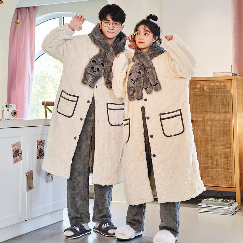 Couple Pajamas Set Thick Flannel Sleepwear Women And Men Hooded Pyjamas Winter Cute Cartoon Nightwear Home Clothes