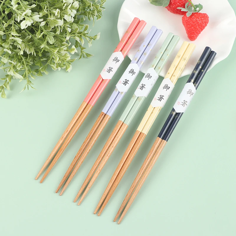 

1Pair Tableware Small Floral Wooden Chopsticks Heat Transfer Pointed Chopstick