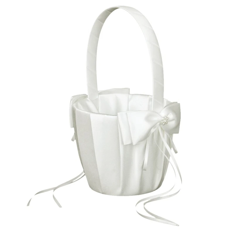 

Faux Pearl Flower Wedding Flower Girl Basket Bowknot Decor Ivory
