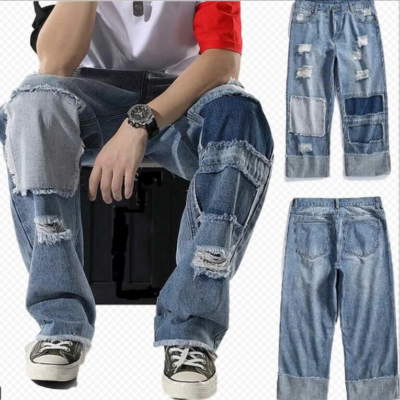 Men Streetwear Denim Pant Men Beggar Baggy Jeans Men's jeans hole Hip hop patch jeans Ripped Knee Jeans