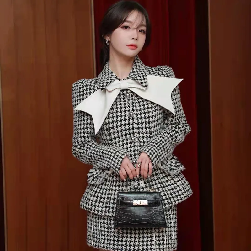 

Luxury Designer Wool Coat Women 2021 Fall Winter Korean Fashion Bow Houndstooth Tweed Jackets Elegant Office Lady Outwear
