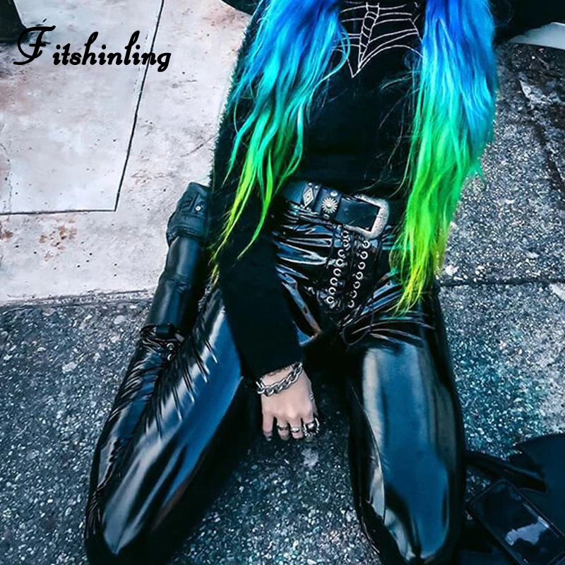 Облегающие готические женские брюки карандаш из искусственной кожи на шнуровке