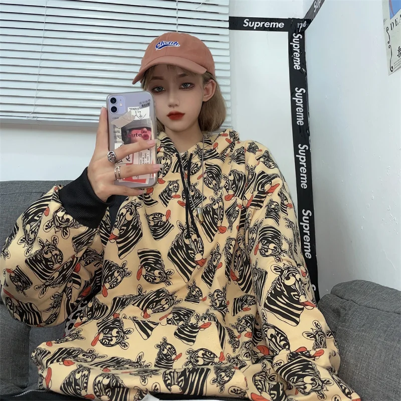 

Модный осенний двойной капюшон с принтом зебры и длинным рукавом