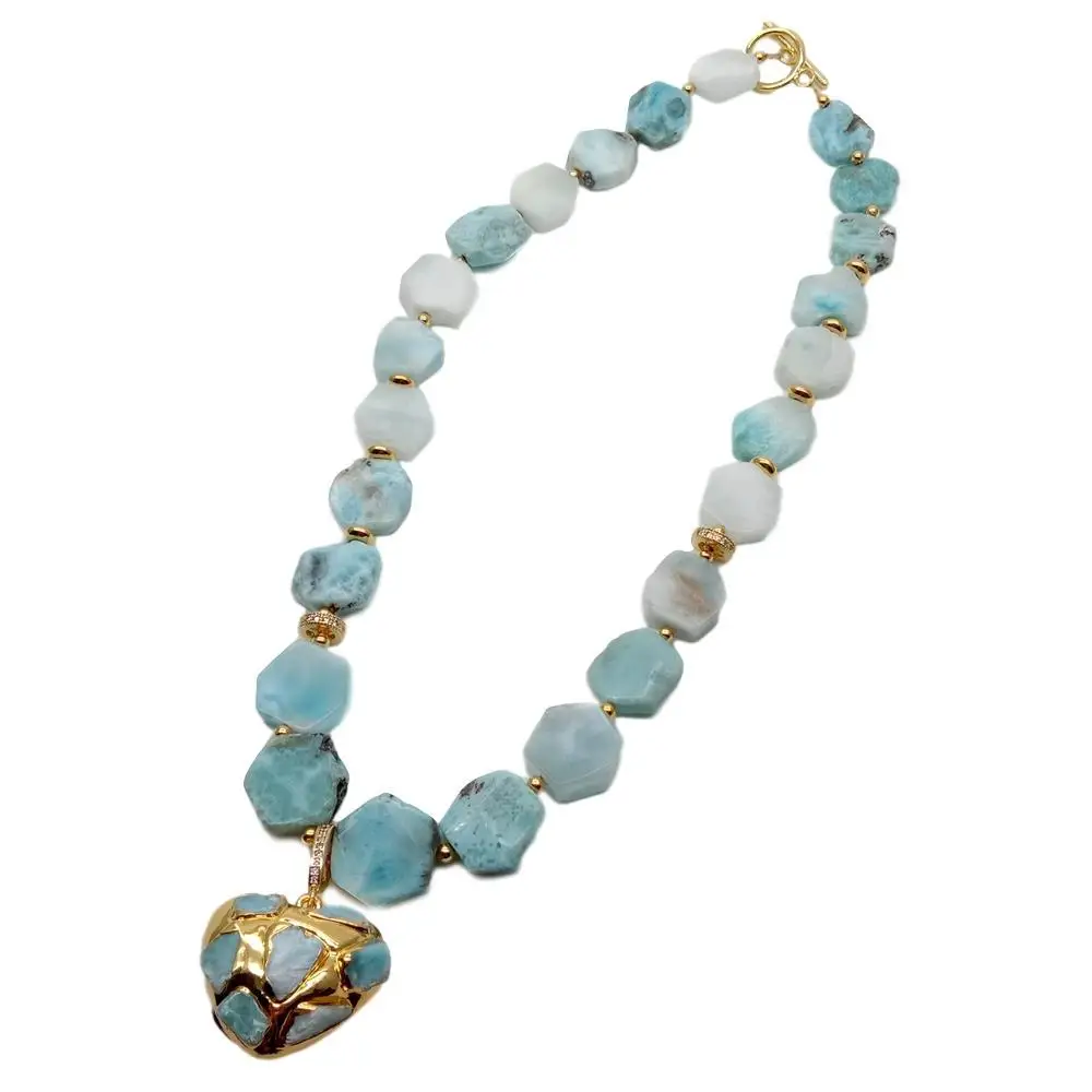 

YYING Natural Hexagon Blue Choker Necklace Heart Shaped LarimarGold Color Plated Pendant For Women