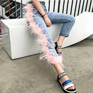 Новые женские джинсы с высокой талией и кисточками, женские брюки, джинсы с розовыми перьями