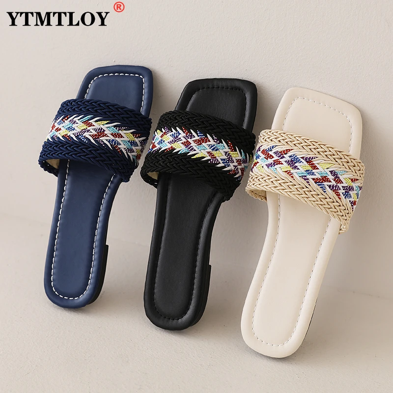 

Summer Women Slippers Sandals Shoes Antiskid Flat Sole Slippers Woman Rhinestone Decoration Sandals Slides Beach Shoes Designer