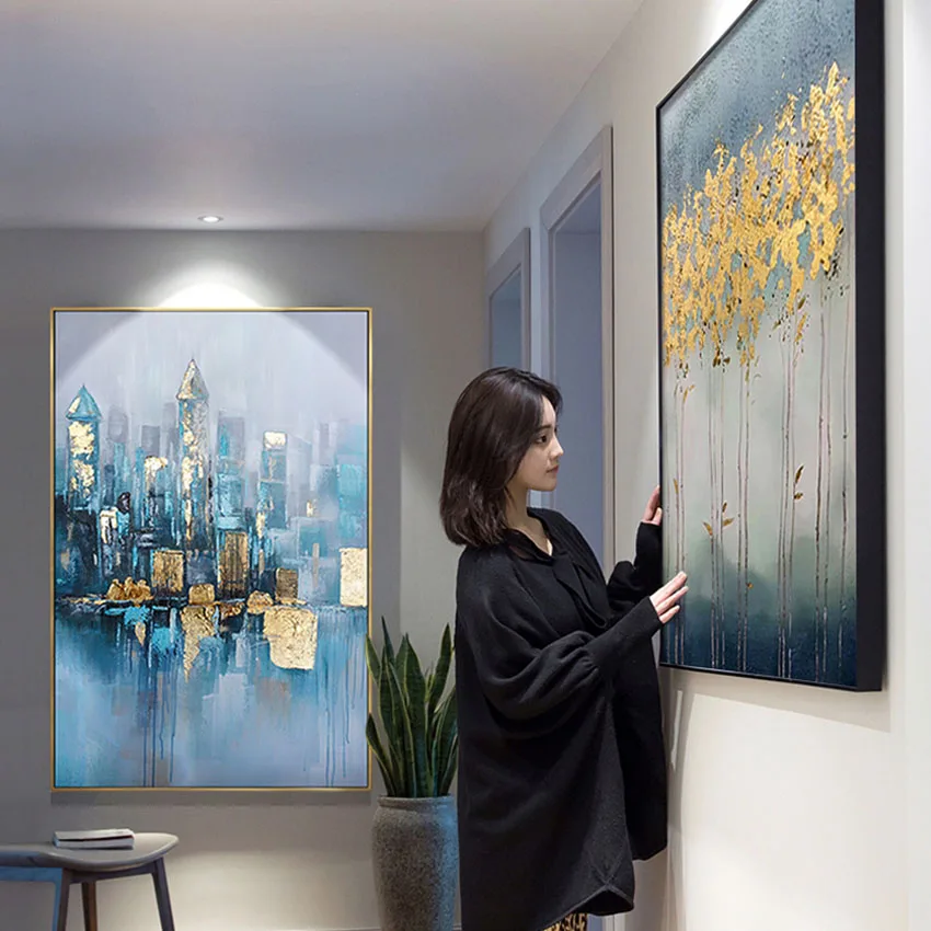 Современная абстрактная картина маслом золотой город ручной работы настенный