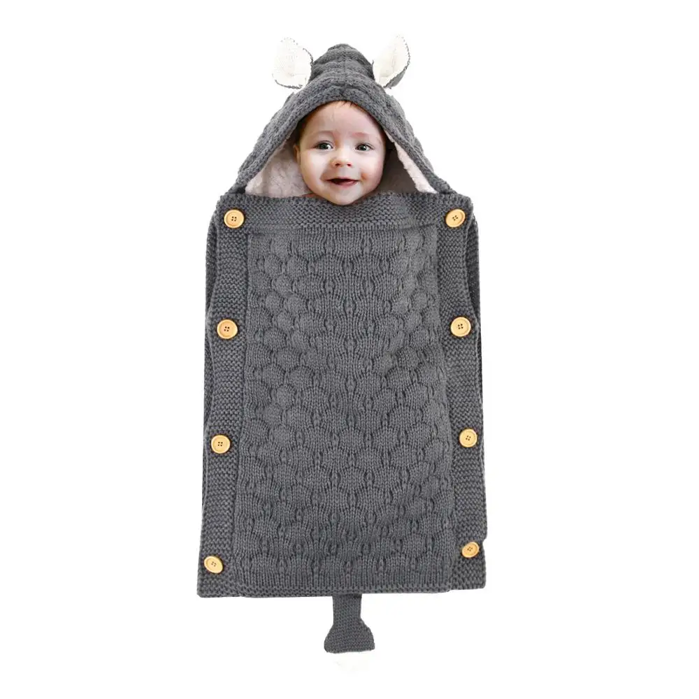 

INS Baby Sleeping Bag Autumn Winter Infant Thickening Plus Velvet Quilts Cute Ears Small Tail Knitted Button Blanket