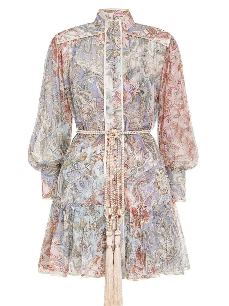 

Women Long Latern Sleeve Mini Dress Vintage Printed Stand Collar Lace-Up Single Breasted 2021 Autumn Female Short Dress