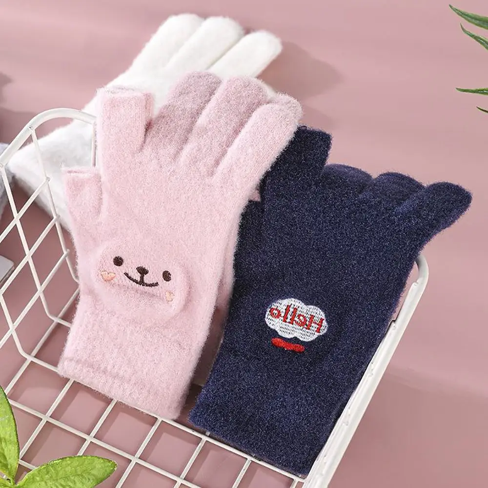 

Women Cashmere Playing Phone Men Two-finger Exposed Cartoon Smiling Face Gloves Knitted Gloves Fingerless Gloves