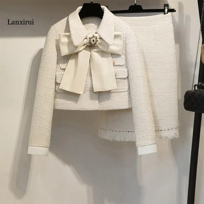 Pieces Spring Set Long Women Sleeve Top Retro Suit Office Lady Zipper Fly Bow Short Wool Coat Skirt White Coat Autumn