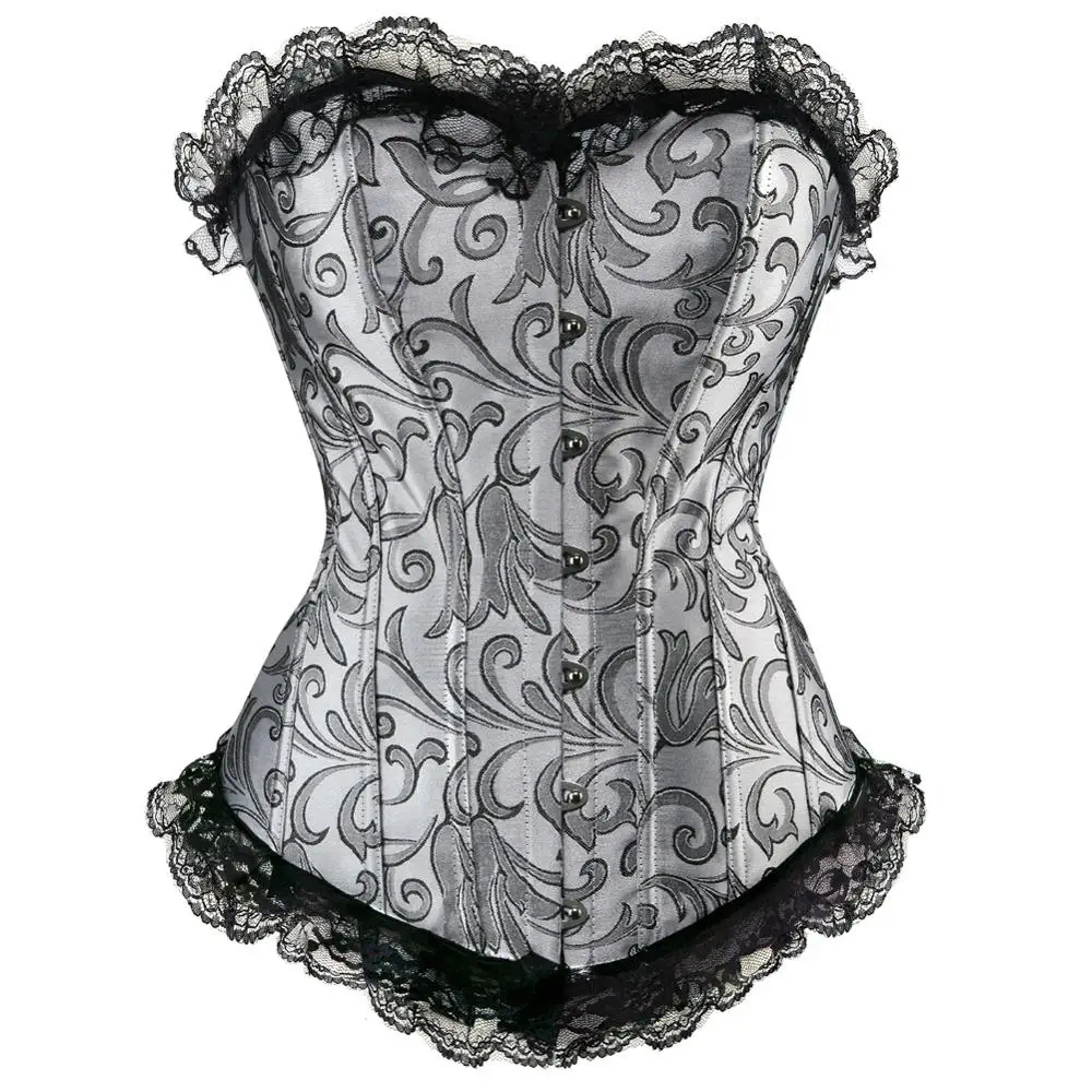 

Silver brocade sexy lace up corset jacquard floral corselet bustier busk korsett women waist slimming overbust burlesque corset