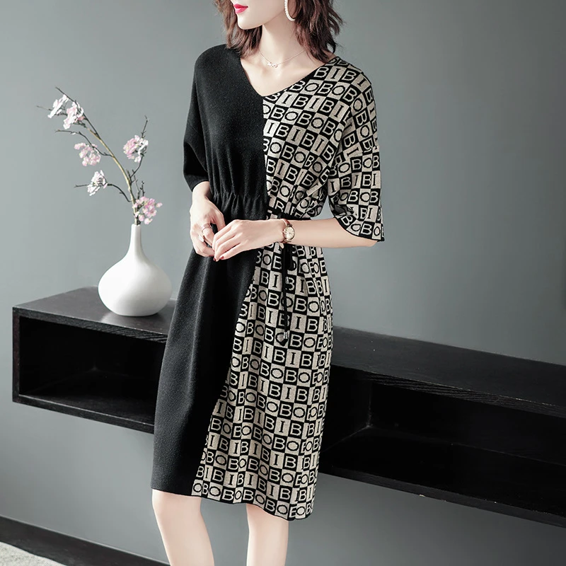 Женское винтажное платье с буквенным принтом в стиле пэчворк трикотажное