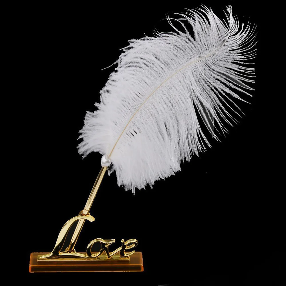 

White Feather Signing Pen with Gold Plated Metal Love Holder Wedding Pen Set
