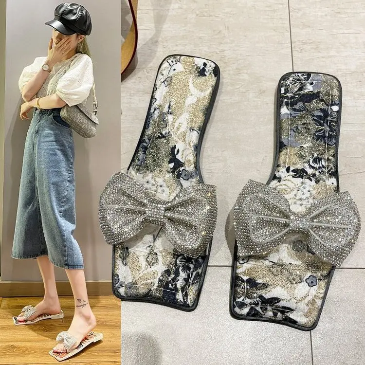 

Summer Slippers Ladies Rhinestone Bow Crystal women slippers Square Toe Women's Shoes Female Flat peep-toe comfort shoes