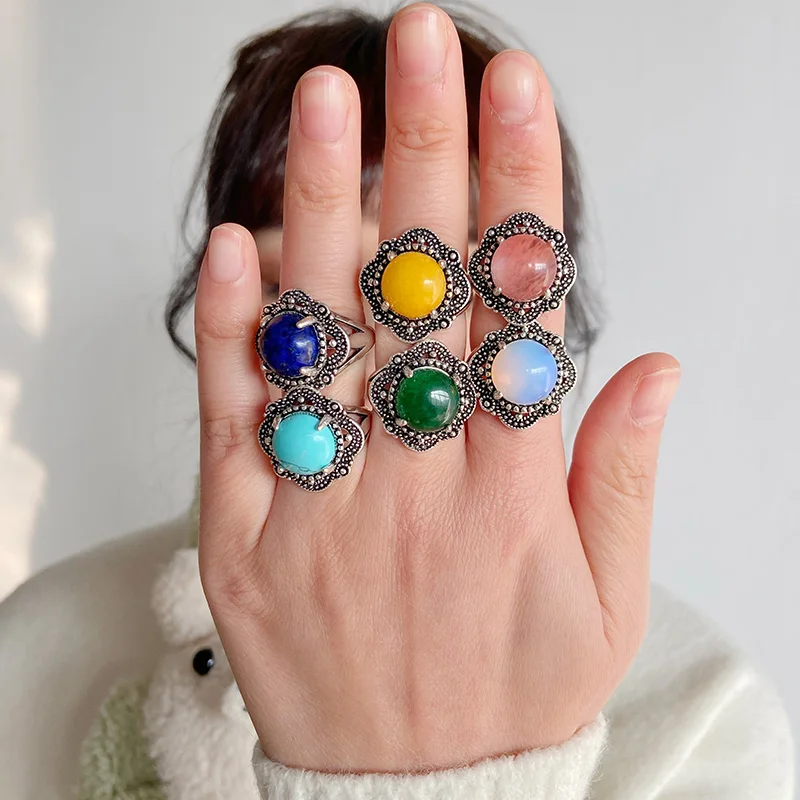 

Round Natural Jades Ring Vintage Labradourite Ring for Woman Adjustable Open Finger Ring Jewelry Gemstones Rings Men Party Gift