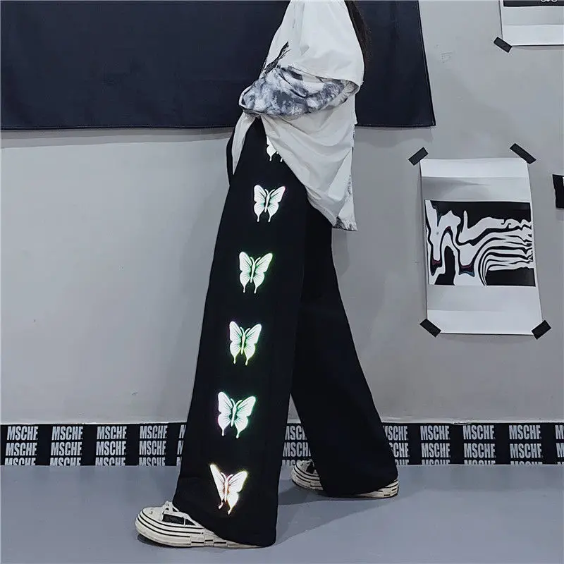 

Harajuku Korean Style Reflective Pants Women Japanese Summer Oversize Wide Leg Pants High Waist omen's Wide Trousers Jogging