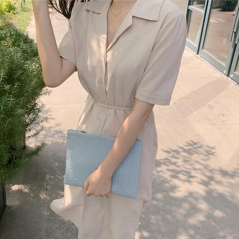 

Women Summer Shirt Dresses Fashionable Elegant Lace Up Vintage Korean Style Oversize Split Pockets Long Dress 2021 New