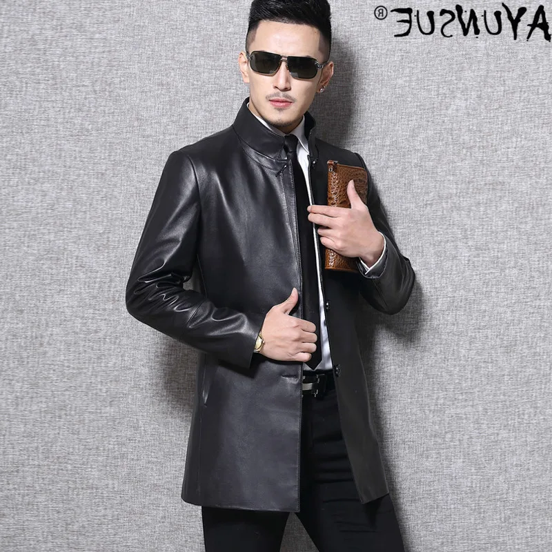 

Ayusnue leather - authentic men's jacket, long sheepskin coat, thin windbreaker, leather jacket