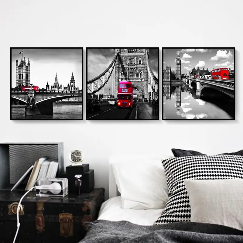 

London Art Pictures Modern Painting 3 Pieces For The Wall Decor Red Bus Tower Bridge London Canvas Prints Black Artwork No Frame