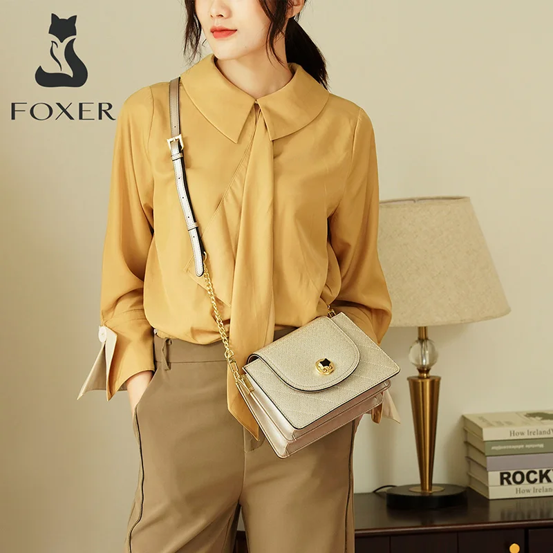 Женская сумка мессенджер FOXER золотистая вечерняя кожаная клатч с подмышками