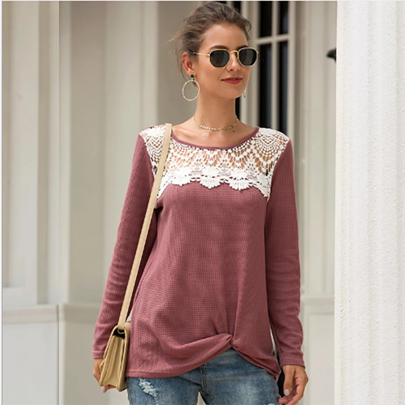 Женская футболка с длинным рукавом кружевной облегающий топ круглым вырезом