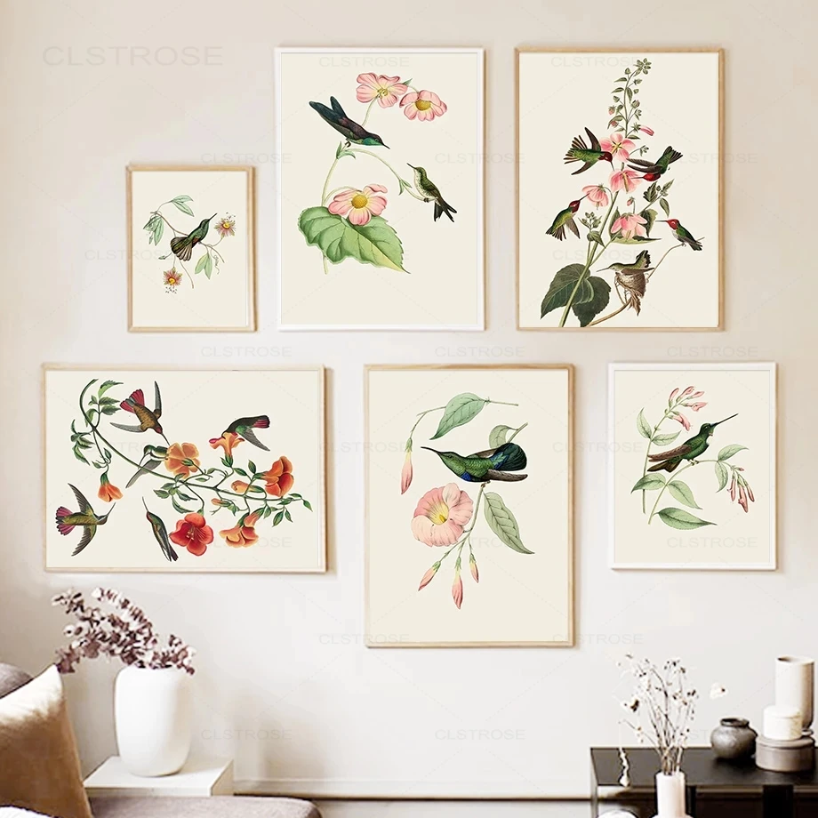 Винтажная картина с колибри акварель птица настенная Картина на холсте